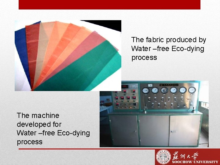 The fabric produced by Water –free Eco-dying process The machine developed for Water –free