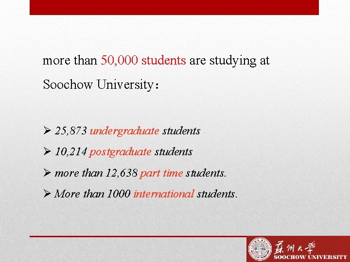 more than 50, 000 students are studying at Soochow University： Ø 25, 873 undergraduate