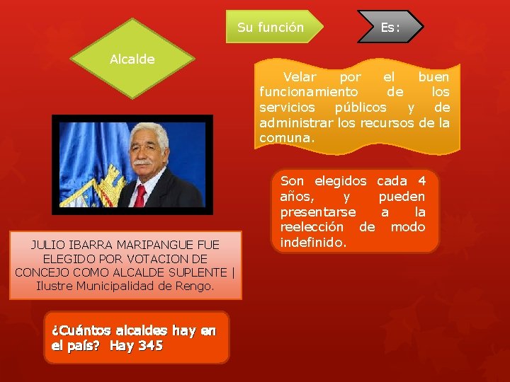 Su función Es: Alcalde Velar por el buen funcionamiento de los servicios públicos y