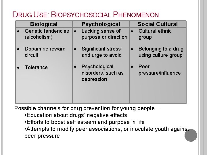 DRUG USE: BIOPSYCHOSOCIAL PHENOMENON Biological Psychological Lacking sense of purpose or direction Social Cultural
