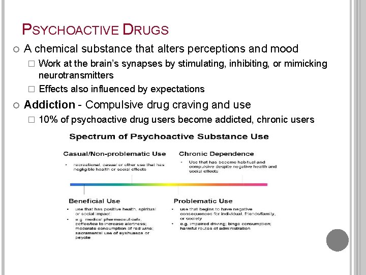 PSYCHOACTIVE DRUGS A chemical substance that alters perceptions and mood Work at the brain’s