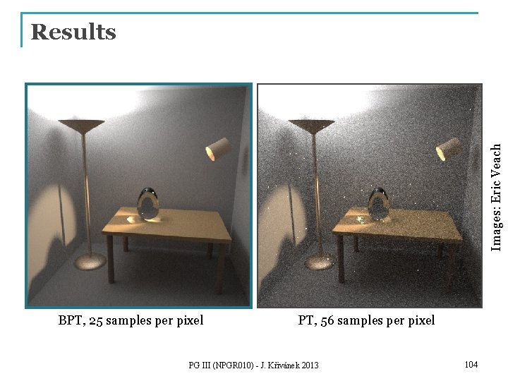 Images: Eric Veach Results BPT, 25 samples per pixel PT, 56 samples per pixel