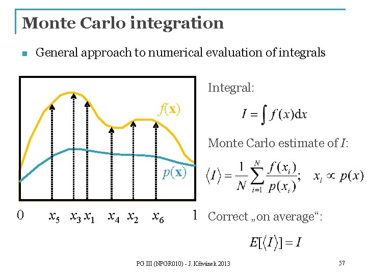 Monte Carlo integration n General approach to numerical evaluation of integrals Integral: f(x) Monte