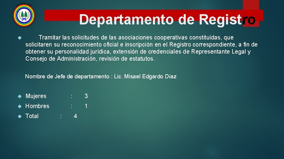 Departamento de Registro Tramitar las solicitudes de las asociaciones cooperativas constituidas, que solicitaren su