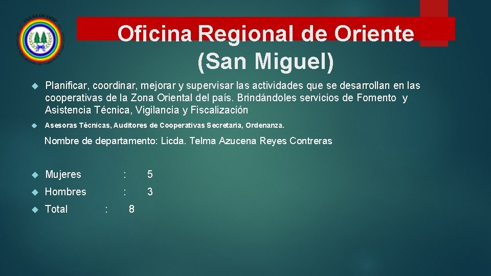 Oficina Regional de Oriente (San Miguel) Planificar, coordinar, mejorar y supervisar las actividades que