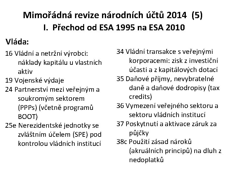 Mimořádná revize národních účtů 2014 (5) I. Přechod od ESA 1995 na ESA 2010