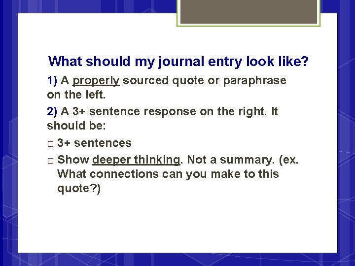 What should my journal entry look like? 1) A properly sourced quote or paraphrase