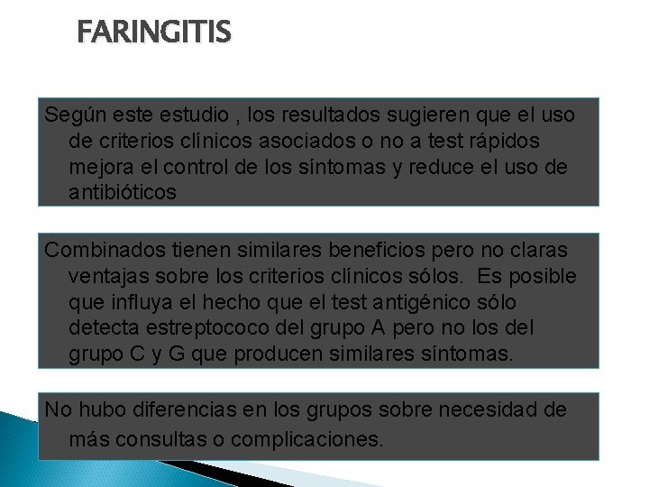 FARINGITIS Según este estudio , los resultados sugieren que el uso de criterios clínicos