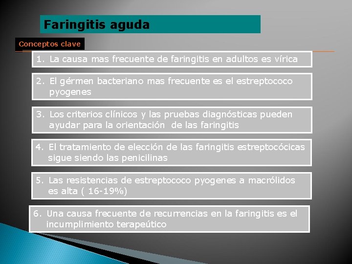 Faringitis aguda Conceptos clave 1. La causa mas frecuente de faringitis en adultos es