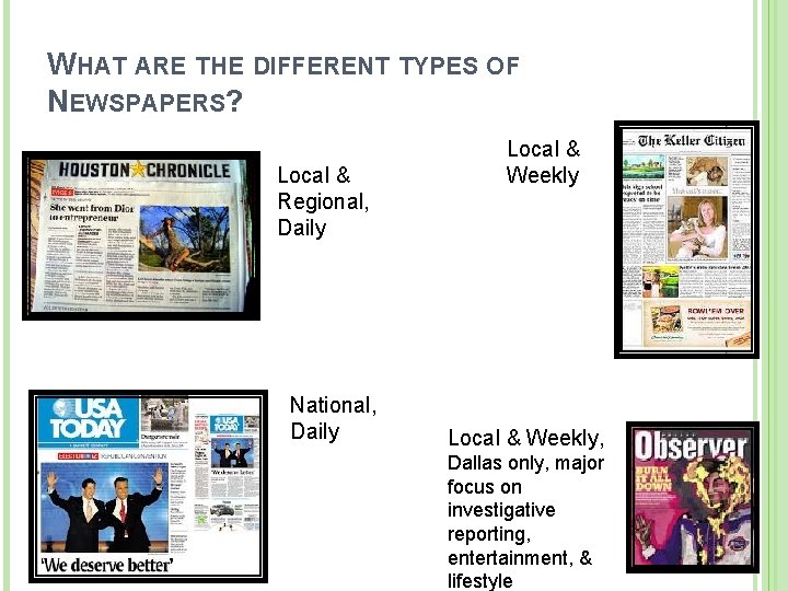 WHAT ARE THE DIFFERENT TYPES OF NEWSPAPERS? Local & Regional, Daily National, Daily Local