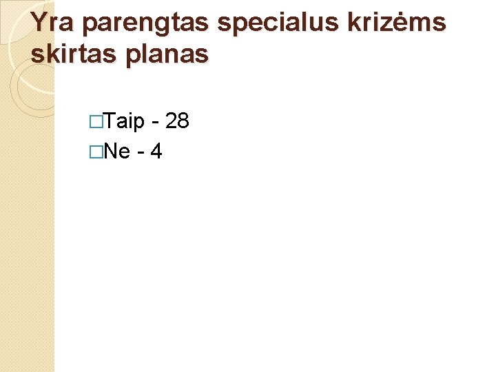 Yra parengtas specialus krizėms skirtas planas �Taip - 28 �Ne - 4 