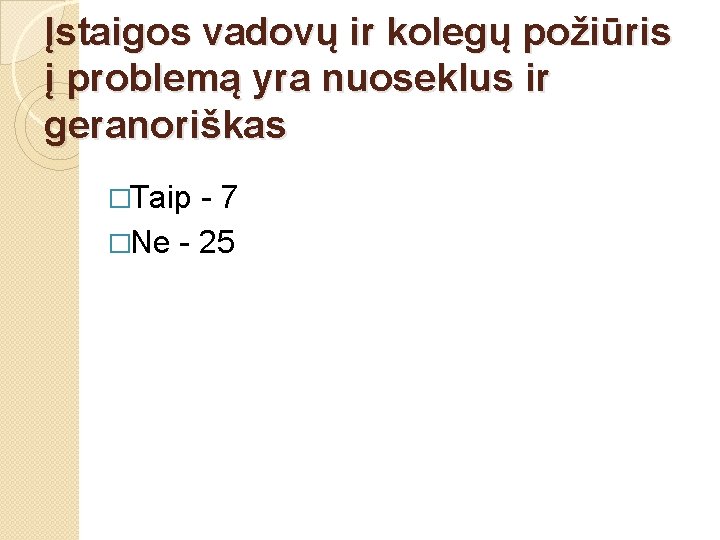 Įstaigos vadovų ir kolegų požiūris į problemą yra nuoseklus ir geranoriškas �Taip -7 �Ne