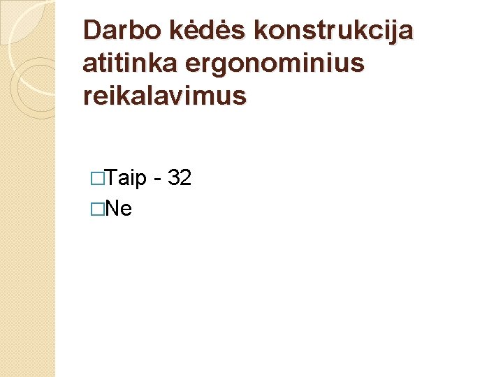 Darbo kėdės konstrukcija atitinka ergonominius reikalavimus �Taip �Ne - 32 