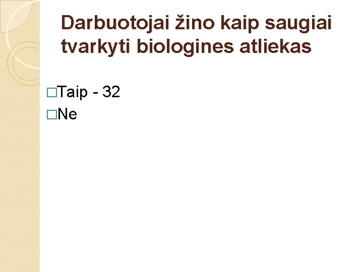 Darbuotojai žino kaip saugiai tvarkyti biologines atliekas �Taip �Ne - 32 