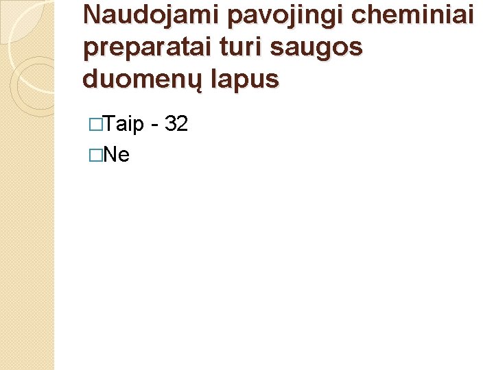 Naudojami pavojingi cheminiai preparatai turi saugos duomenų lapus �Taip �Ne - 32 