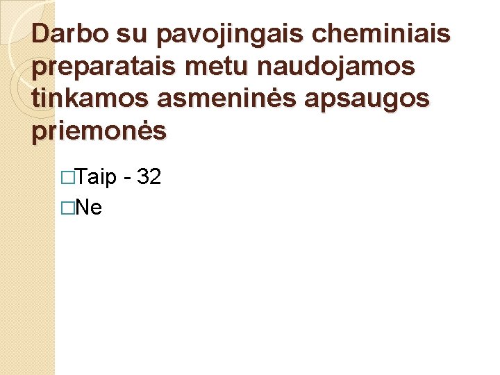 Darbo su pavojingais cheminiais preparatais metu naudojamos tinkamos asmeninės apsaugos priemonės �Taip �Ne -