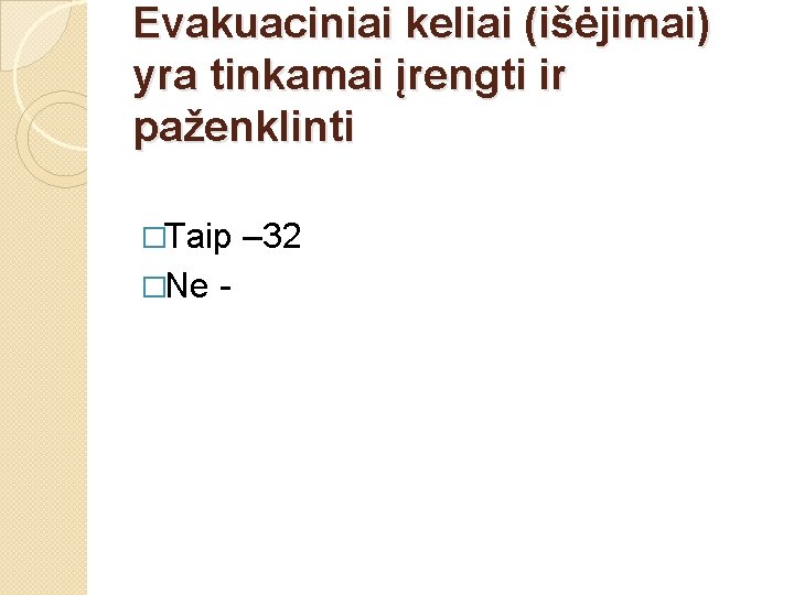 Evakuaciniai keliai (išėjimai) yra tinkamai įrengti ir paženklinti �Taip �Ne - – 32 