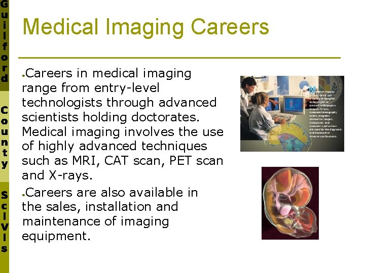 Medical Imaging Careers in medical imaging range from entry-level technologists through advanced scientists holding