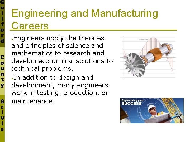 Engineering and Manufacturing Careers Engineers apply theories and principles of science and mathematics to