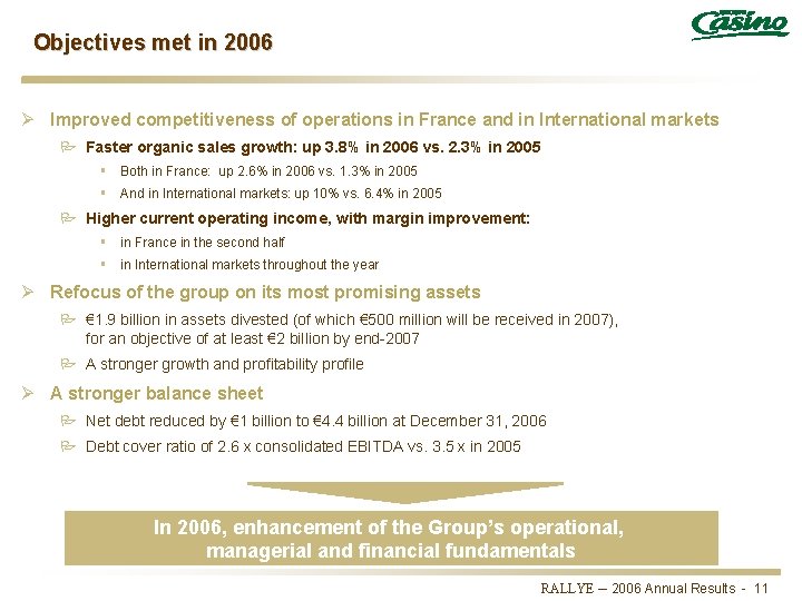 Objectives met in 2006 Ø Improved competitiveness of operations in France and in International