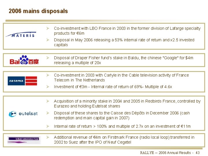 2006 mains disposals Ø Co-investment with LBO France in 2003 in the former division
