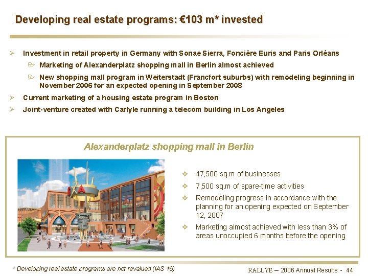 Developing real estate programs: € 103 m* invested Ø Investment in retail property in