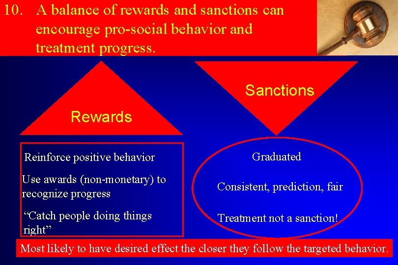 10. A balance of rewards and sanctions can encourage pro-social behavior and treatment progress.
