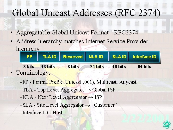 Global Unicast Addresses (RFC 2374) • Aggregatable Global Unicast Format - RFC 2374 •