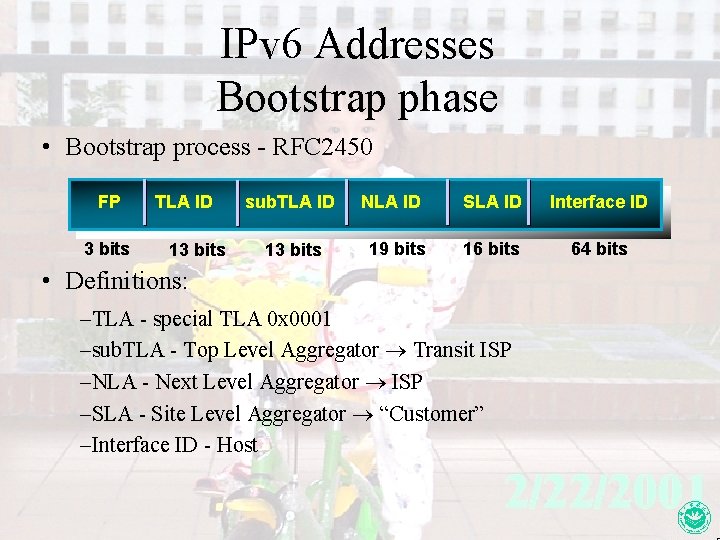 IPv 6 Addresses Bootstrap phase • Bootstrap process - RFC 2450 FP 3 bits