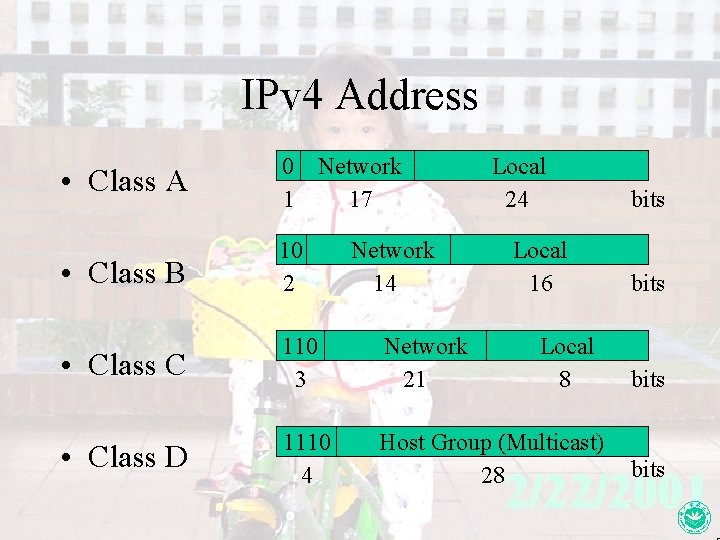 IPv 4 Address • Class A 0 Network 1 17 • Class B 10