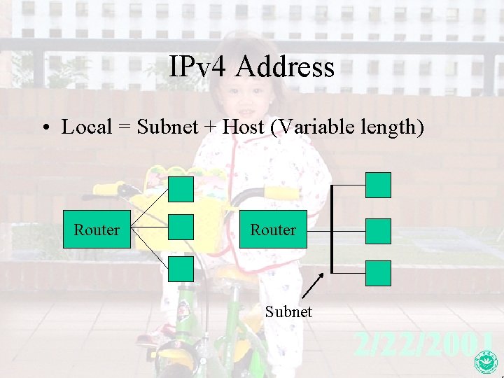 IPv 4 Address • Local = Subnet + Host (Variable length) Router Subnet 0