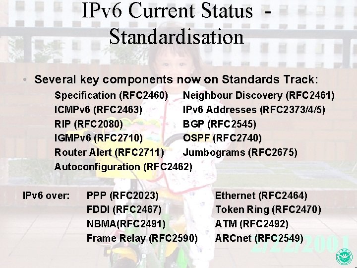 IPv 6 Current Status Standardisation • Several key components now on Standards Track: Specification