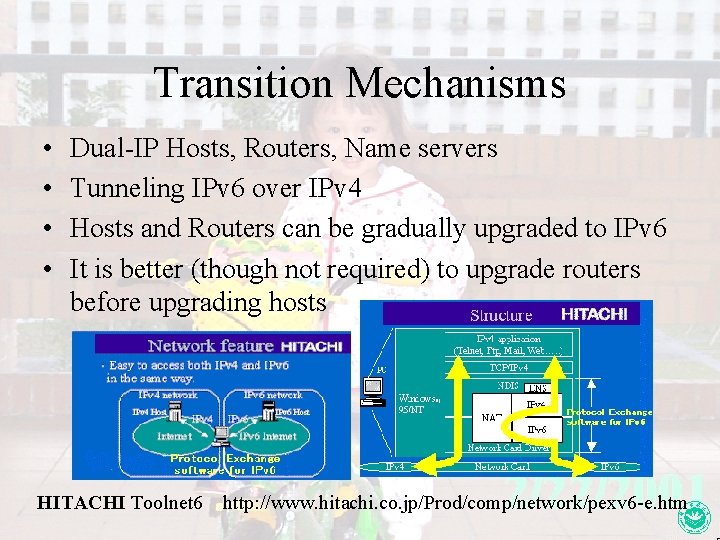 Transition Mechanisms • • Dual-IP Hosts, Routers, Name servers Tunneling IPv 6 over IPv