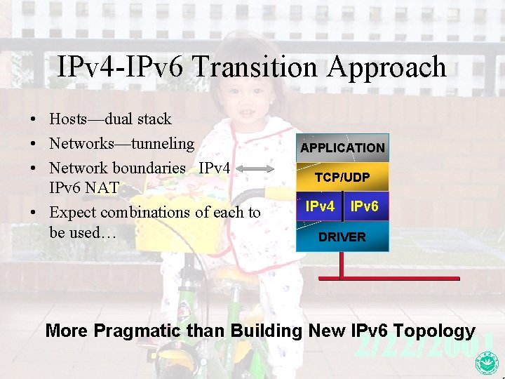 IPv 4 -IPv 6 Transition Approach • Hosts—dual stack • Networks—tunneling • Network boundaries