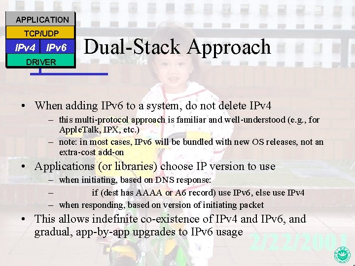 APPLICATION TCP/UDP IPv 4 IPv 6 DRIVER Dual-Stack Approach • When adding IPv 6