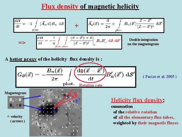 Flux density of magnetic helicity + Double integration on the magnetogram => A better