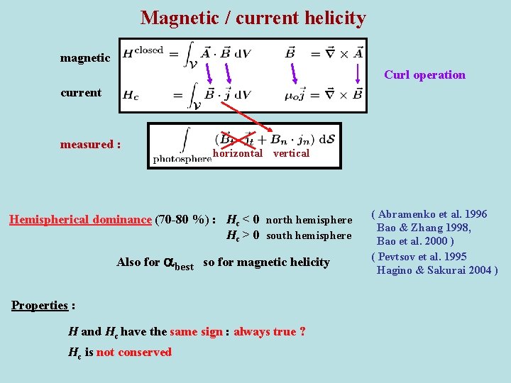 Magnetic / current helicity magnetic Curl operation current measured : horizontal vertical Hemispherical dominance