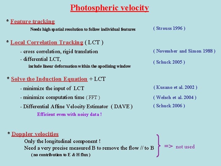 Photospheric velocity * Feature tracking Needs high spatial resolution to follow individual features (