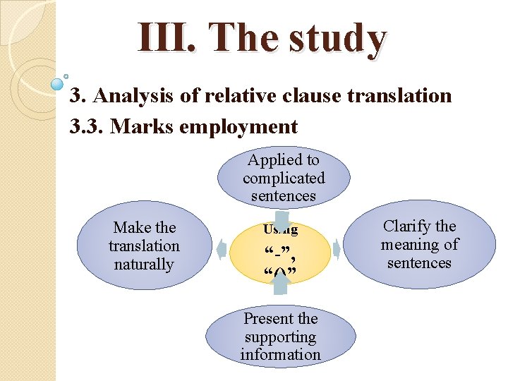 III. The study 3. Analysis of relative clause translation 3. 3. Marks employment Applied