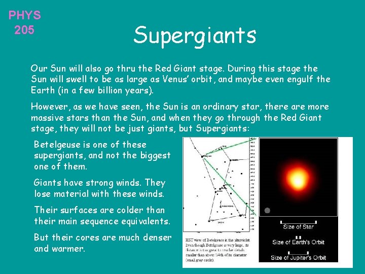 PHYS 205 Supergiants Our Sun will also go thru the Red Giant stage. During