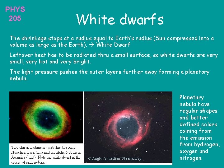 PHYS 205 White dwarfs The shrinkage stops at a radius equal to Earth’s radius