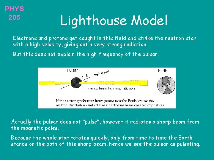 PHYS 205 Lighthouse Model Electrons and protons get caught in this field and strike