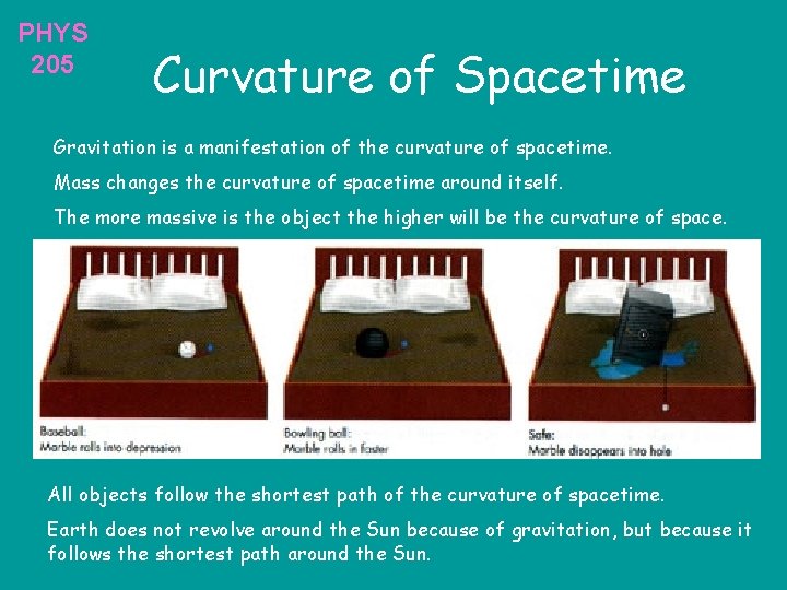 PHYS 205 Curvature of Spacetime Gravitation is a manifestation of the curvature of spacetime.