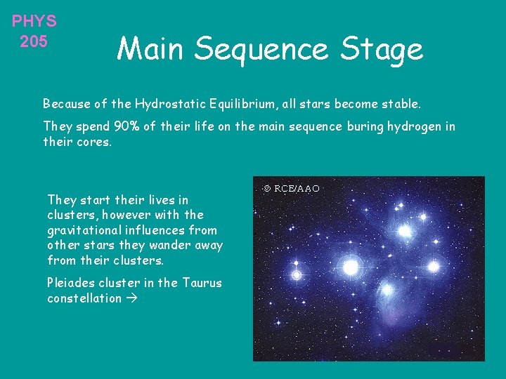 PHYS 205 Main Sequence Stage Because of the Hydrostatic Equilibrium, all stars become stable.