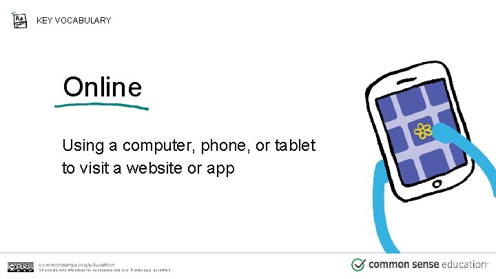 KEY VOCABULARY Online Using a computer, phone, or tablet to visit a website or