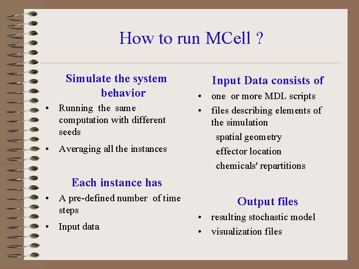 How to run MCell ? Simulate the system behavior • Running the same computation