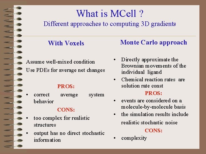 What is MCell ? Different approaches to computing 3 D gradients Monte Carlo approach