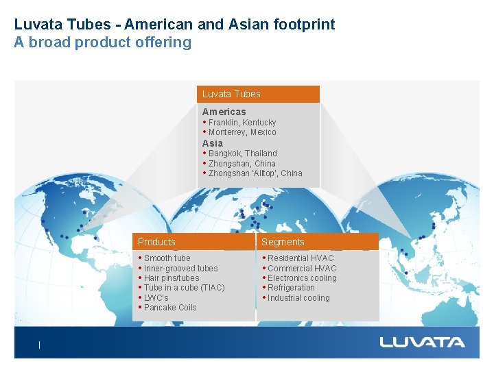 Luvata Tubes - American and Asian footprint A broad product offering Luvata Tubes Americas