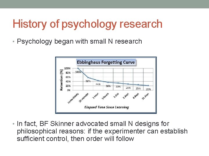History of psychology research • Psychology began with small N research • In fact,