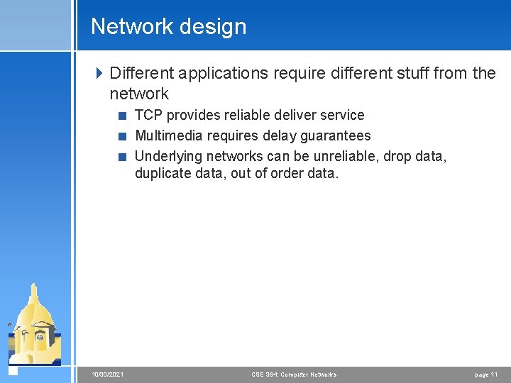 Network design 4 Different applications require different stuff from the network < TCP provides